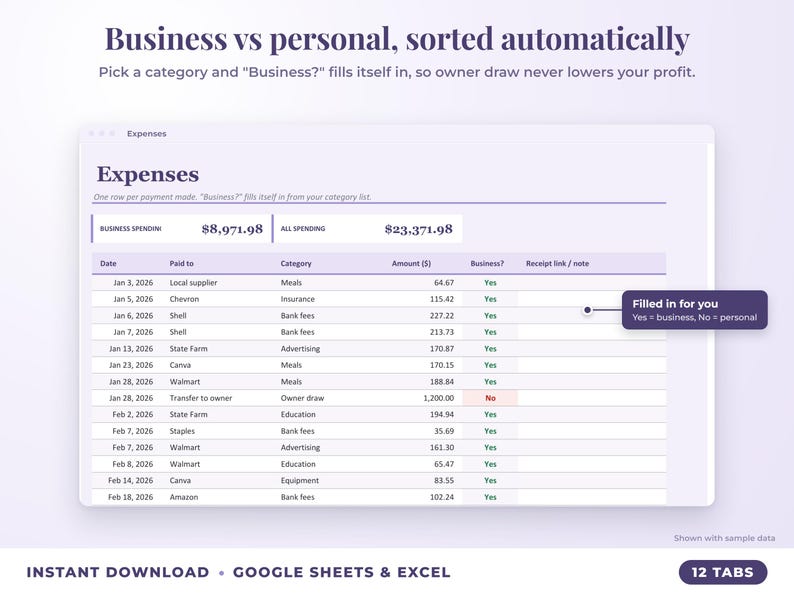 Expenses sheet where business or personal is filled in automatically from the category