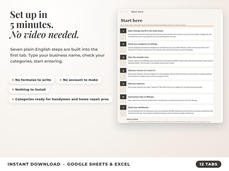 Start here tab with seven setup steps, no video needed