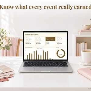 Event Planner bookkeeping spreadsheet annual dashboard open on a laptop on a desk