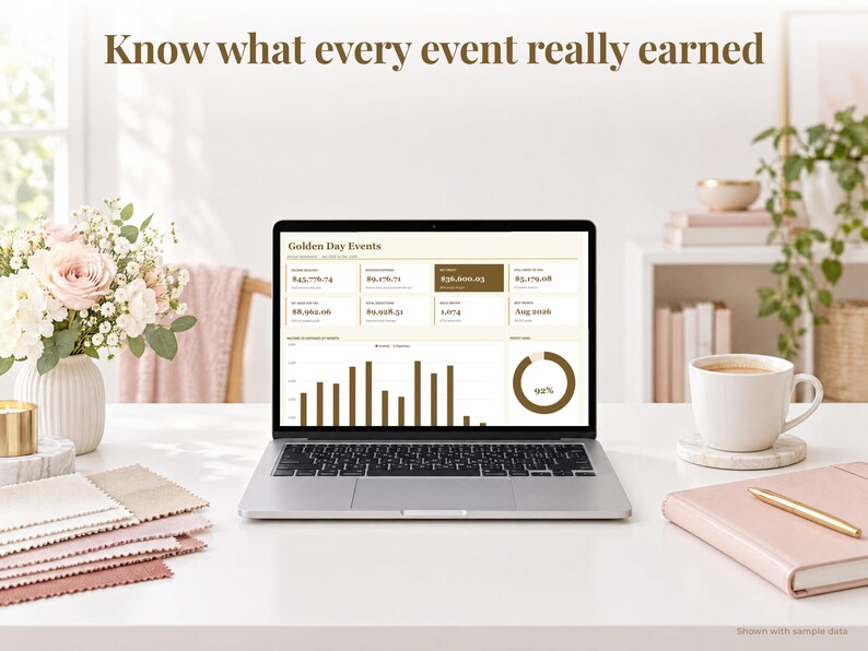 Event Planner bookkeeping spreadsheet annual dashboard open on a laptop on a desk