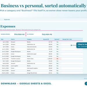 Expenses sheet where business or personal is filled in automatically from the category