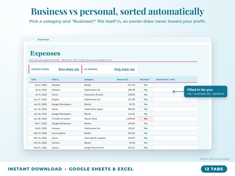 Expenses sheet where business or personal is filled in automatically from the category