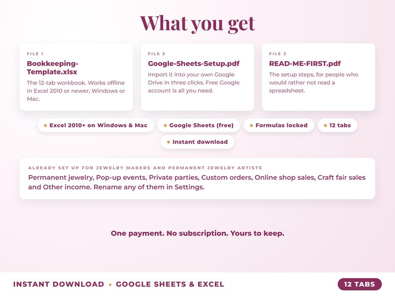 What is included: 12-tab Excel workbook, Google Sheets setup guide and read-me-first guide