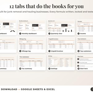 All 12 tabs of the bookkeeping spreadsheet: dashboards, income, expenses, mileage, unpaid invoices, top clients, tax summary