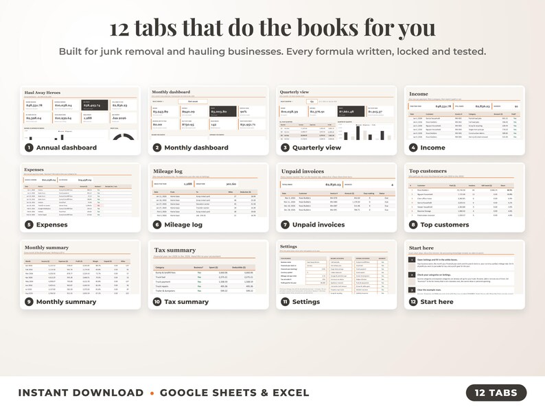 All 12 tabs of the bookkeeping spreadsheet: dashboards, income, expenses, mileage, unpaid invoices, top clients, tax summary