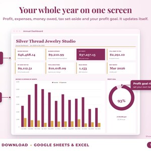 Annual dashboard with income, expenses, net profit, money owed, profit goal ring and category charts