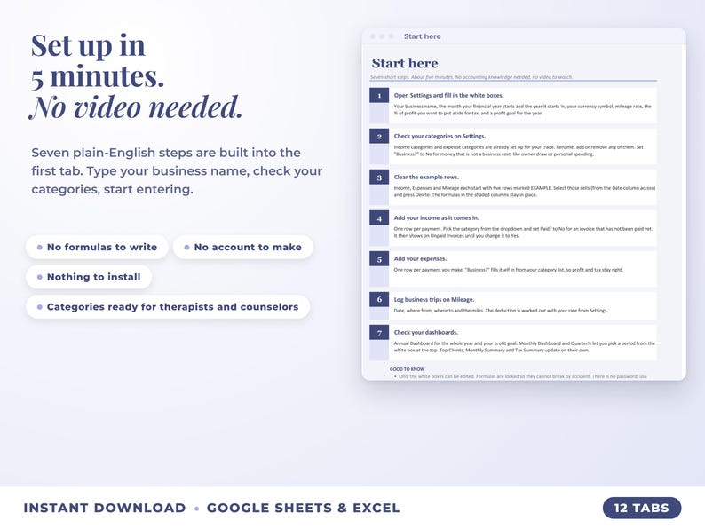 Start here tab with seven setup steps, no video needed
