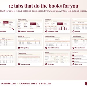 All 12 tabs of the bookkeeping spreadsheet: dashboards, income, expenses, mileage, unpaid invoices, top clients, tax summary