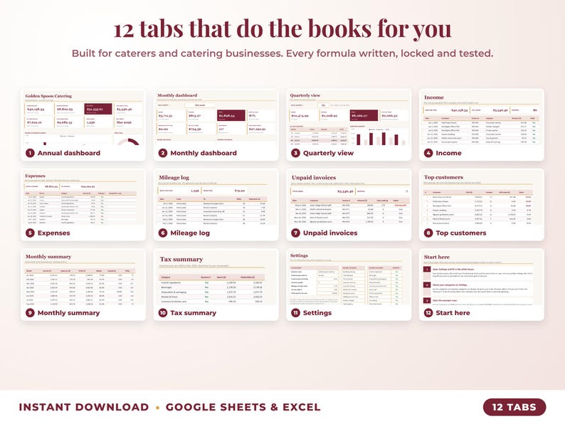 All 12 tabs of the bookkeeping spreadsheet: dashboards, income, expenses, mileage, unpaid invoices, top clients, tax summary