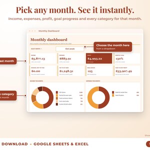 Monthly dashboard with a month dropdown, monthly profit, goal progress and category breakdown