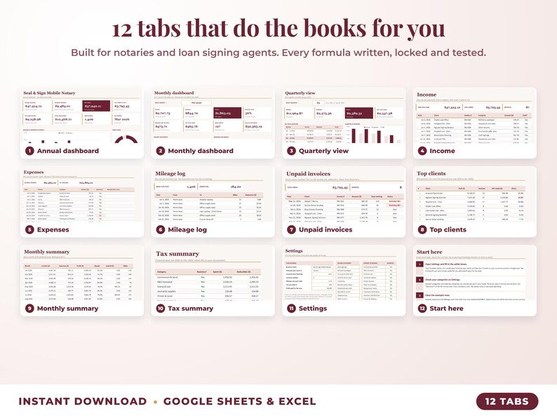 All 12 tabs of the bookkeeping spreadsheet: dashboards, income, expenses, mileage, unpaid invoices, top clients, tax summary