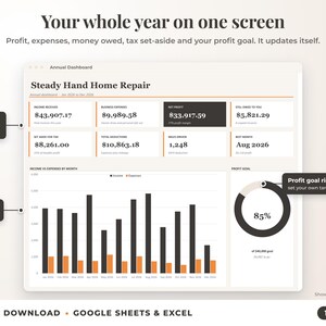Annual dashboard with income, expenses, net profit, money owed, profit goal ring and category charts