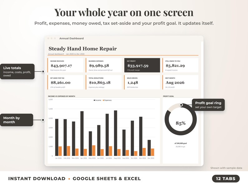 Annual dashboard with income, expenses, net profit, money owed, profit goal ring and category charts