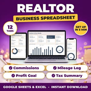 Realtor Spreadsheet | Real Estate Agent Commission, Income & Expense Tracker, Profit Goal, Tax Summary (Google Sheets + Excel)