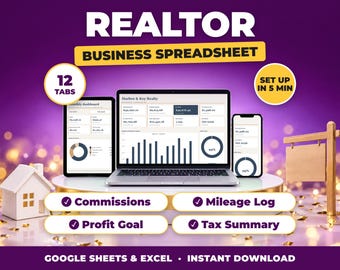 Hoja de cálculo para agentes inmobiliarios / Seguimiento de comisiones, ingresos y gastos, objetivo de ganancias y resumen fiscal (Google Sheets + Excel)