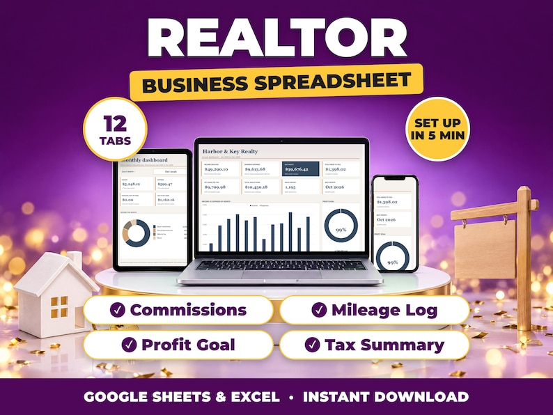 Realtor bookkeeping spreadsheet for Google Sheets and Excel on laptop, tablet and phone