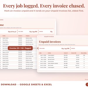 Income sheet and unpaid invoices list with overdue flags