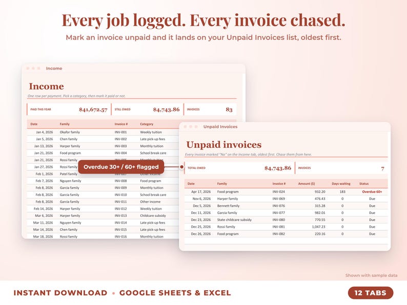 Income sheet and unpaid invoices list with overdue flags