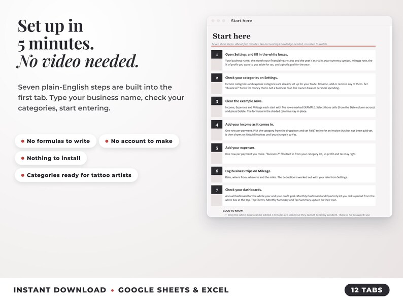 Start here tab with seven setup steps, no video needed