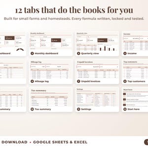 All 12 tabs of the bookkeeping spreadsheet: dashboards, income, expenses, mileage, unpaid invoices, top clients, tax summary