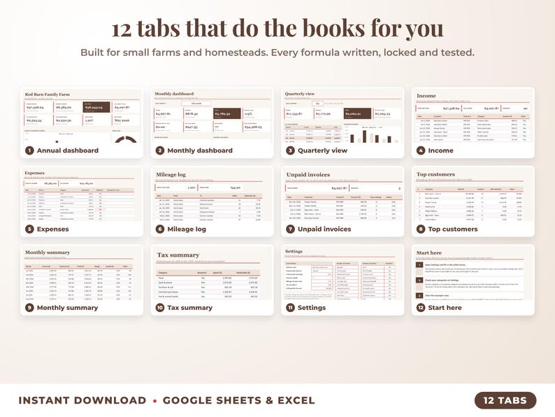 All 12 tabs of the bookkeeping spreadsheet: dashboards, income, expenses, mileage, unpaid invoices, top clients, tax summary