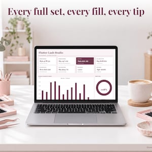 Lash Tech bookkeeping spreadsheet annual dashboard open on a laptop on a desk