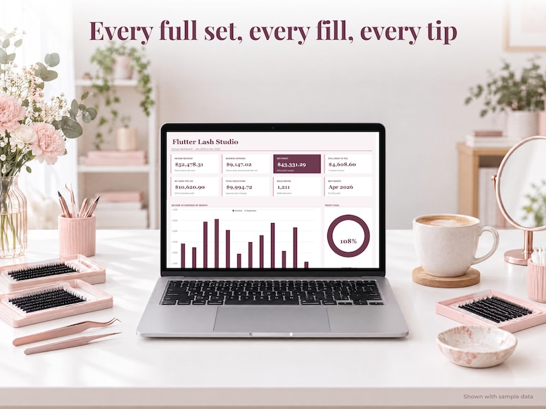 Lash Tech bookkeeping spreadsheet annual dashboard open on a laptop on a desk