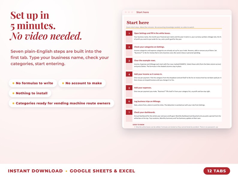 Start here tab with seven setup steps, no video needed