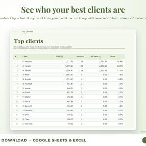 Top clients ranked by income with invoices, amount owed and share of income