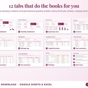All 12 tabs of the bookkeeping spreadsheet: dashboards, income, expenses, mileage, unpaid invoices, top clients, tax summary