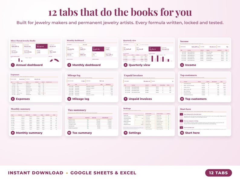 All 12 tabs of the bookkeeping spreadsheet: dashboards, income, expenses, mileage, unpaid invoices, top clients, tax summary