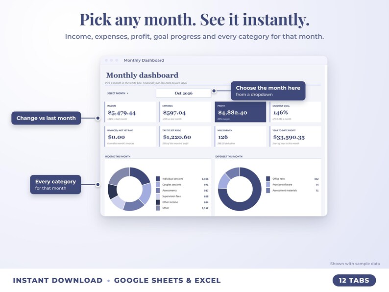 Monthly dashboard with a month dropdown, monthly profit, goal progress and category breakdown