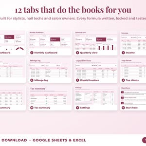 All 12 tabs of the bookkeeping spreadsheet: dashboards, income, expenses, mileage, unpaid invoices, top clients, tax summary