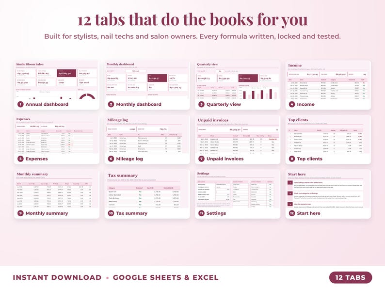 All 12 tabs of the bookkeeping spreadsheet: dashboards, income, expenses, mileage, unpaid invoices, top clients, tax summary