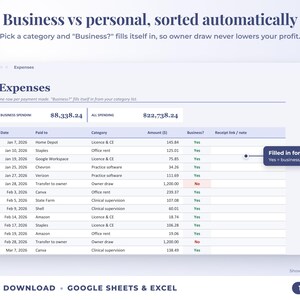 Expenses sheet where business or personal is filled in automatically from the category