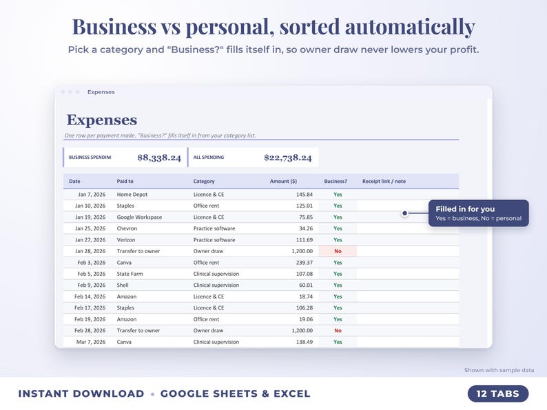 Expenses sheet where business or personal is filled in automatically from the category