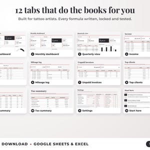 All 12 tabs of the bookkeeping spreadsheet: dashboards, income, expenses, mileage, unpaid invoices, top clients, tax summary