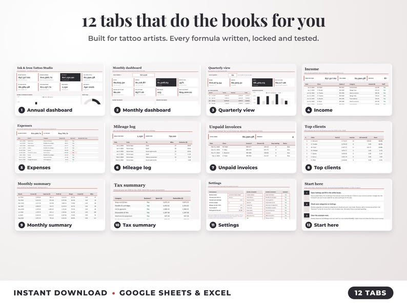All 12 tabs of the bookkeeping spreadsheet: dashboards, income, expenses, mileage, unpaid invoices, top clients, tax summary