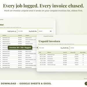 Income sheet and unpaid invoices list with overdue flags