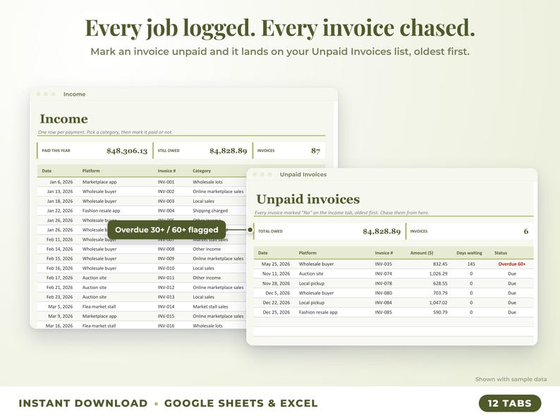 Income sheet and unpaid invoices list with overdue flags