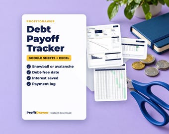 Könnte beinhalten: Eine digitale ProfitDrawer Debt Payoff Tracker Vorlage für Google Sheets und Excel. Die weiße Karte zeigt dunkelblauen Text, Häkchen für Funktionen wie Snowball oder Avalanche sowie Screenshots von Tabellenkalkulationen mit Münzen und Scheren.
