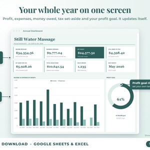 Annual dashboard with income, expenses, net profit, money owed, profit goal ring and category charts