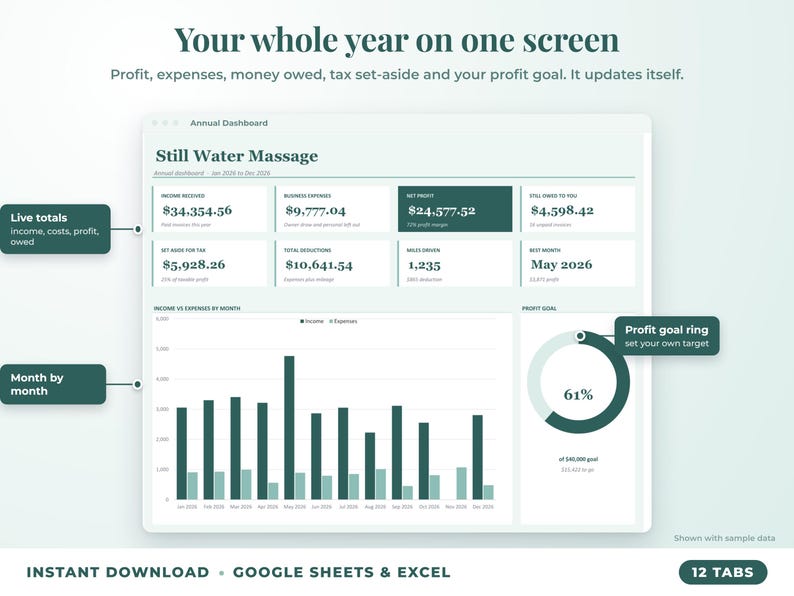 Annual dashboard with income, expenses, net profit, money owed, profit goal ring and category charts