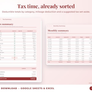 Tax summary with deductible totals, mileage deduction and suggested tax set-aside, plus monthly summary