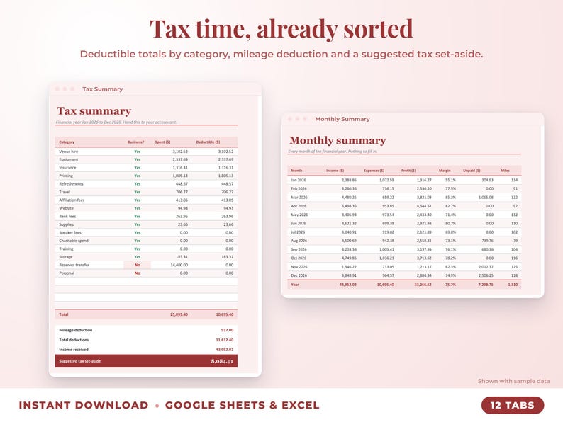 Tax summary with deductible totals, mileage deduction and suggested tax set-aside, plus monthly summary