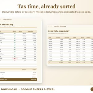 Tax summary with deductible totals, mileage deduction and suggested tax set-aside, plus monthly summary