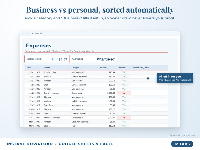 Expenses sheet where business or personal is filled in automatically from the category