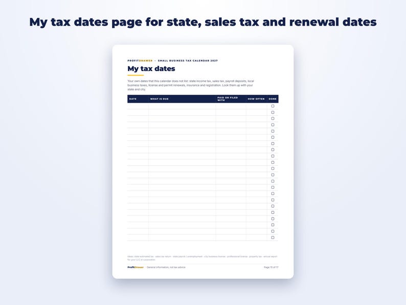 Small Business Tax Calendar 2027 + Quarterly Tax Tracker page preview