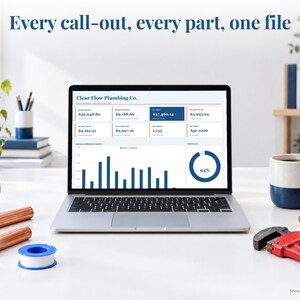 Plumber bookkeeping spreadsheet annual dashboard open on a laptop on a desk