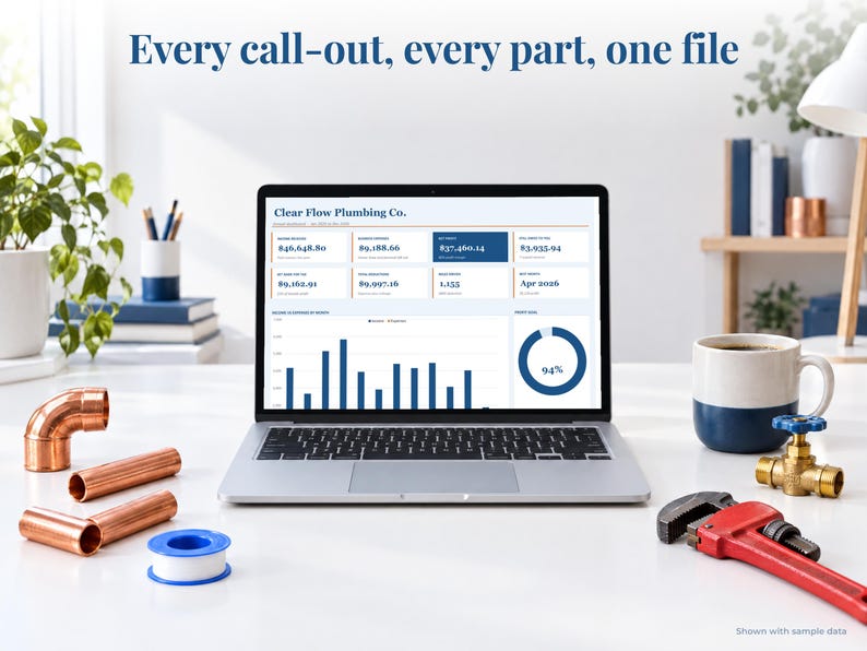 Plumber bookkeeping spreadsheet annual dashboard open on a laptop on a desk